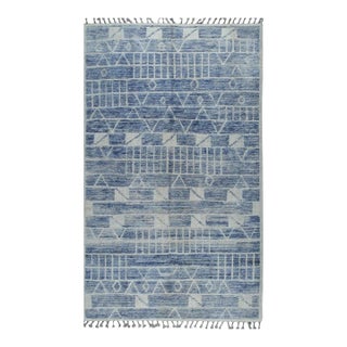 8x10 Blue Hand-Knotted Wool Linear Blocks Geometric Modern Carpet Rug For Sale