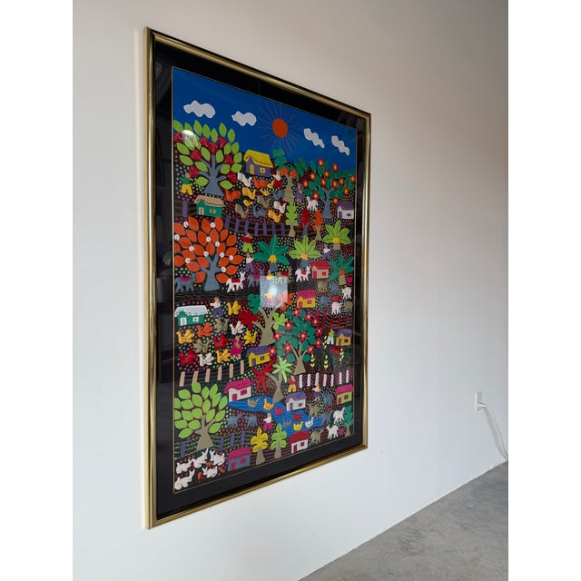 A vibrant and highly detailed vintage Mexican arpillería patchwork textile depicting scenes of rural village life....