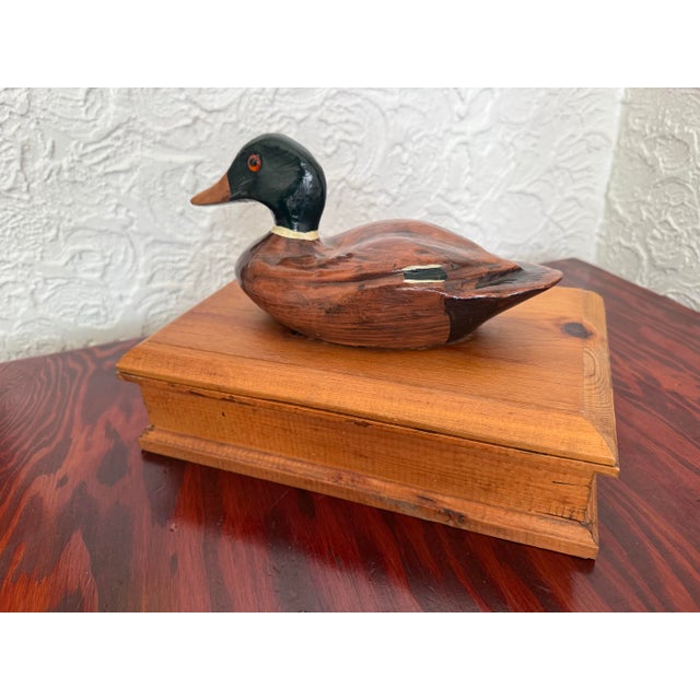 Wood Vintage Folk Art Pine Wood Lidded Box With Mallard Duck Decoy For Sale - Image 7 of 12