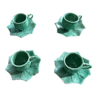 Mid 20th Century Vintage Senegal Green Cabbage Leaf Demitasse 4 Cups & Saucers - 8 pcs For Sale