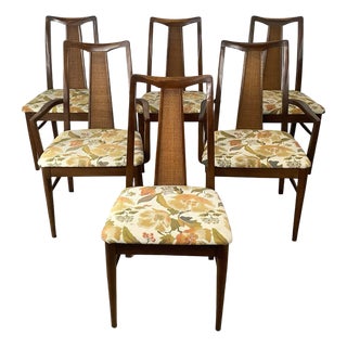 Set of 6 Sculptural Mid-Century Cane-Back Dining Chairs, Walnut For Sale