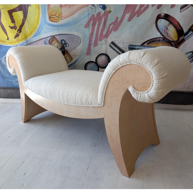 Mid-Century Modern Large Vintage Scroll End Burl and Boucle Upholstered Bench, 1970s For Sale - Image 3 of 10