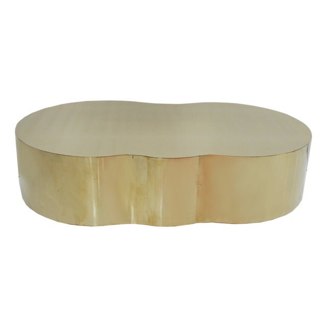 Curved Coffee Table with Brass-Plated Wooden Structure For Sale