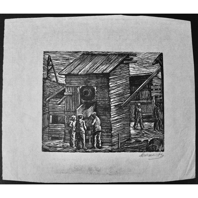 This is a woodcut engraving entitled "Concrete Mixer, Moscow" by Albert Abramovitz created in 1935 after a visit to the...