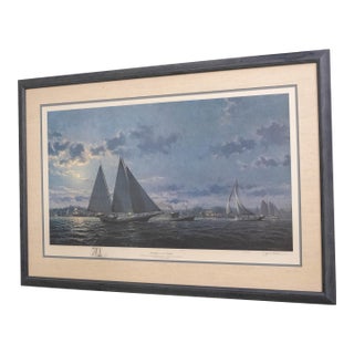 Large "Moonlight Over St. Michaels" Sailboats Painting Print Signed John M Barber Numbered For Sale