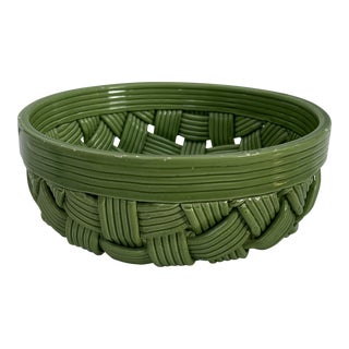 Vintage Round Italian Green Ceramic Basket For Sale