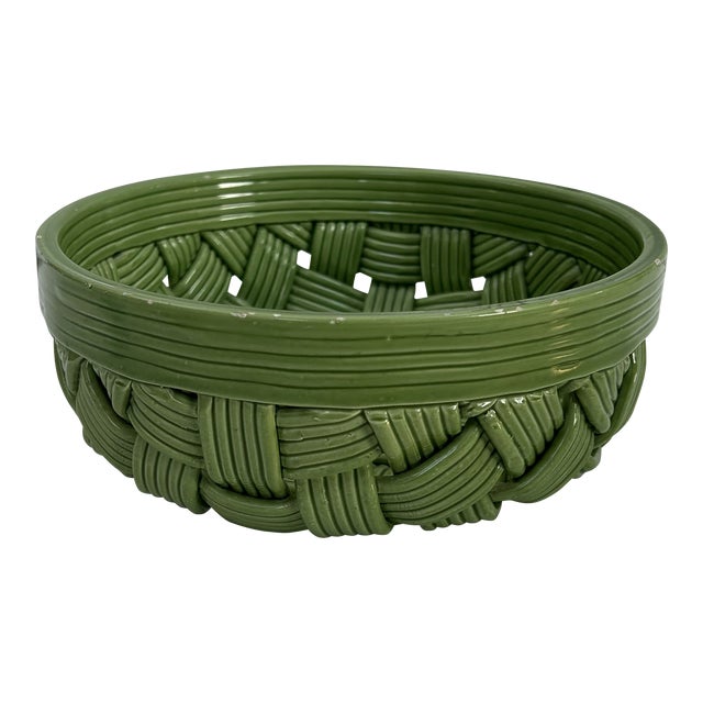Vintage Round Italian Green Ceramic Basket Chairish