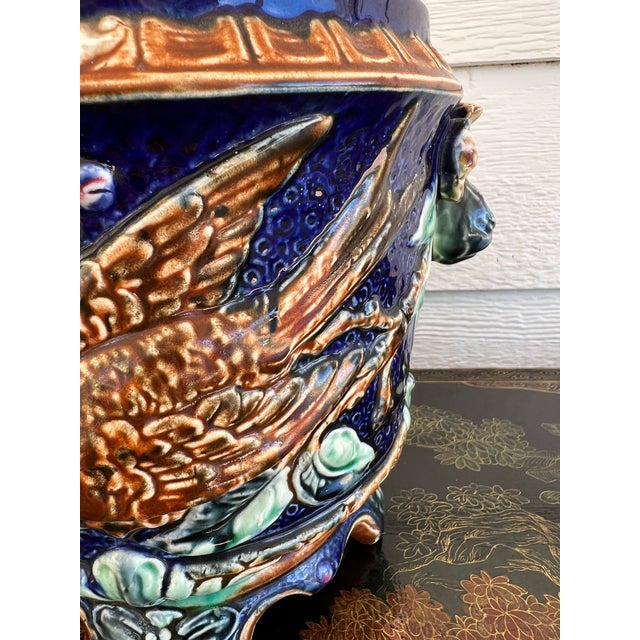 Antique Majolica Bird Planter Cache Pot Jardinière Cobalt Blue Wasmuël C1890 For Sale - Image 14 of 18