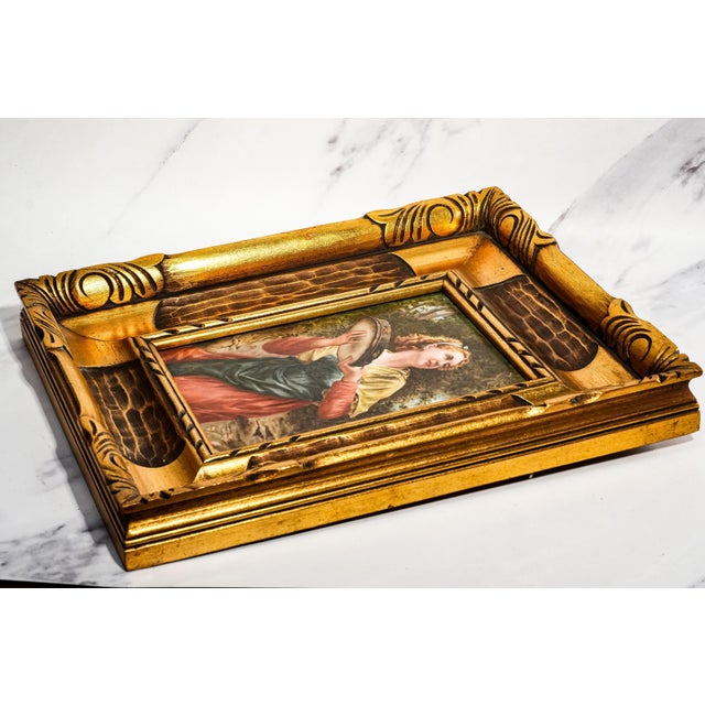 Art Nouveau Maiden Antique German Porcelain Tile Painting Carved Wood Frame For Sale - Image 12 of 15
