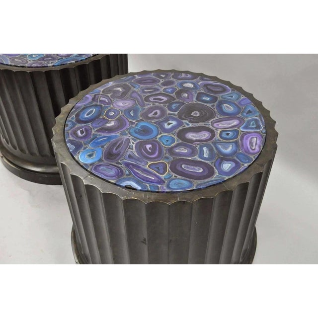 Late 20th Century Large Custom Wooden Fluted Column Pedestal W/ Faux Purple Agate Painted Top Pair For Sale - Image 5 of 12