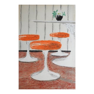 Mid 20th Century Interior Painting of Saarinen Tulip Table and Stools For Sale