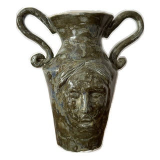 Handmade Ceramic Face Vase, Green Glazed Pottery Amphora With Handles, Unique Sculptural Vase, Rustic Home Decor For Sale