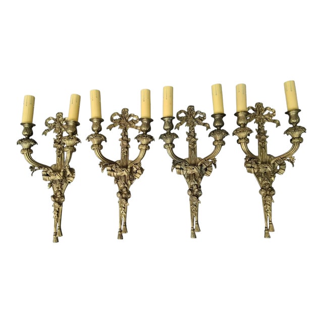 C1900 Antique French Louis XVI Gold Bronze Ribbon, Tassel, Fruit Detailed Wall Sconces Set of 4 For Sale
