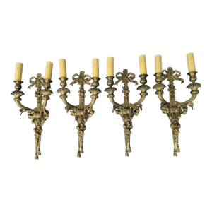 C1900 Antique French Louis XVI Gold Bronze Ribbon, Tassel, Fruit Detailed Wall Sconces Set of 4