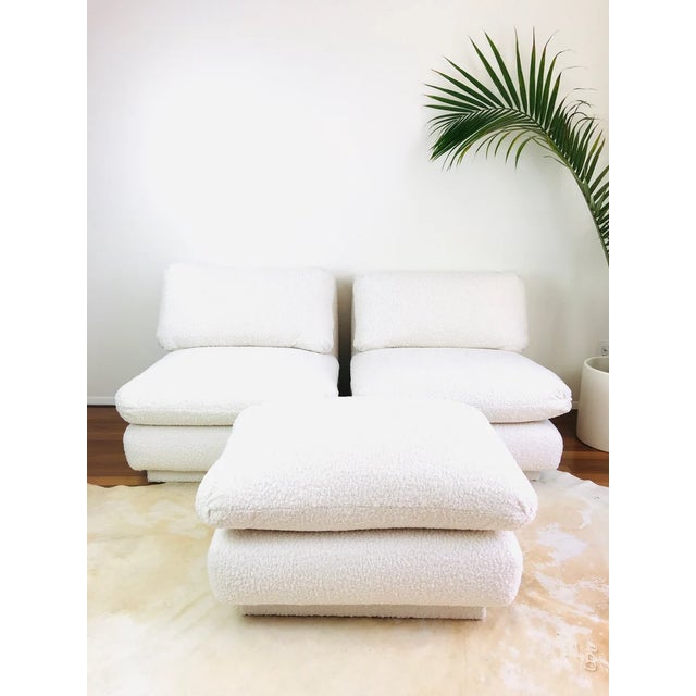 Marge Carson Vintage 1970s Pair of Modern Slipper Chairs & Ottoman in White Faux Shearling / Boucle Upholstery by Marge Carson For Sale - Image 4 of 11