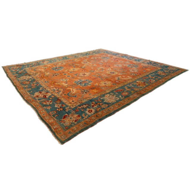 Orange and Blue Antique Turkish Oushak Wool Rug Handmade From the 1880s For Sale - Image 4 of 9