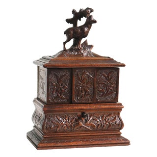 Antique Black Forest Jewelry Box in Carved Fruitwood and Red Velvet Chest, 1890 For Sale