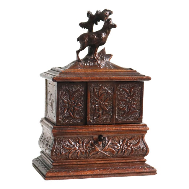 Antique Black Forest Jewelry Box in Carved Fruitwood and Red Velvet Chest, 1890 For Sale