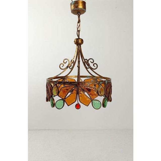 Metal Mid 20th Century Chandelier in Gilt Wrought Iron and Hammered Glass attributed to Longobard, 1970s For Sale - Image 7 of 18