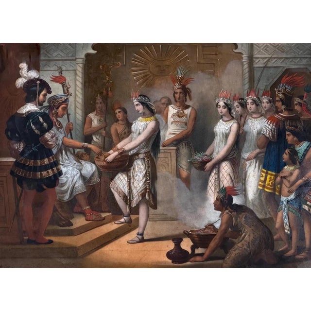 Large and impressive 19th century French chromolithograph titled “Ataliba fait un sacrifice au soleil”, printed in Paris...