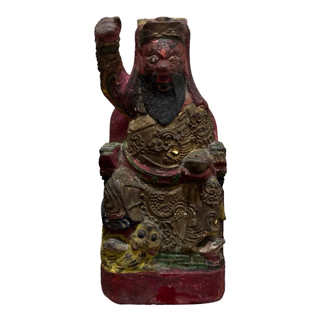 Antique 19th Century Chinese Carved Wood Seated Guardian Figure For Sale