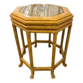Lexington Furniture Octagonal Bamboo Burl Veneer Glass Side Table With Lion Paw Feet in the Style of McGuire For Sale