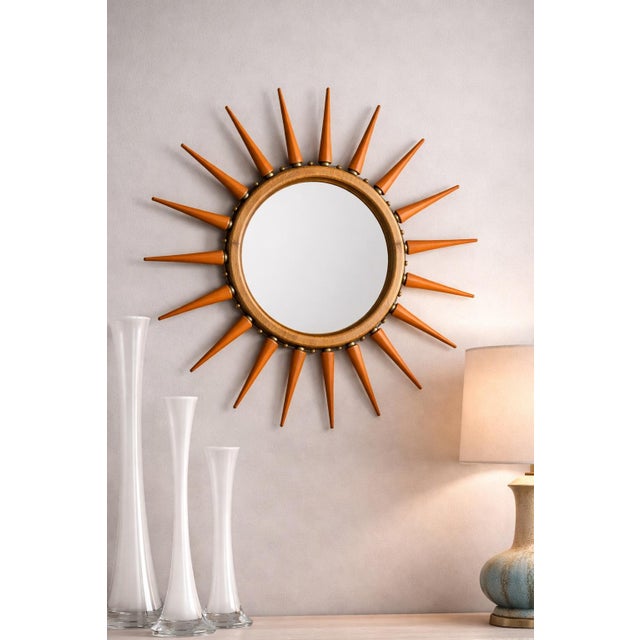 Mid-Century Modern Style Wood Sunburst Wall Mirror With Orange Spindle Rays (24.5” Diameter) For Sale In Los Angeles - Image 6 of 6
