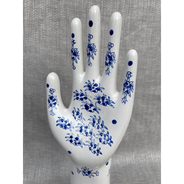 Vintage hand painted white porcelain hand form with a blue floral, dot design. No makers mark. Great condition, no chips,...