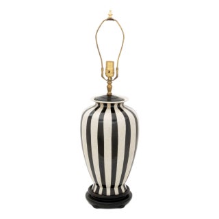 Late 20th Century Modern Black and White Striped Crackle Glazed Porcelain Urn Mounted as Lamp For Sale