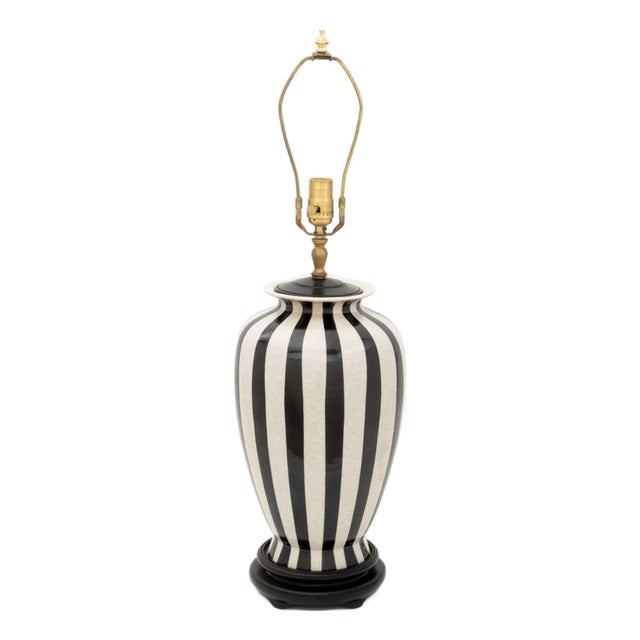 Late 20th Century Modern Black and White Striped Crackle Glazed Porcelain Urn Mounted as Lamp For Sale