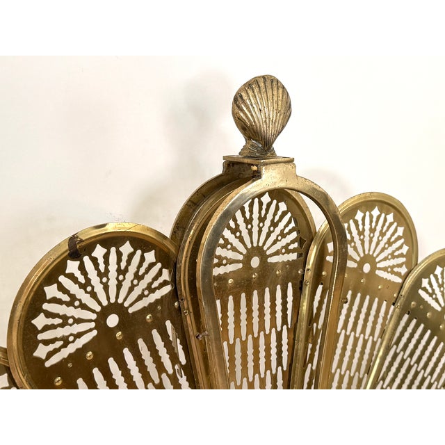 Vintage Brass Peacock Folding Fireplace Screen With Shell Motif For Sale - Image 9 of 15