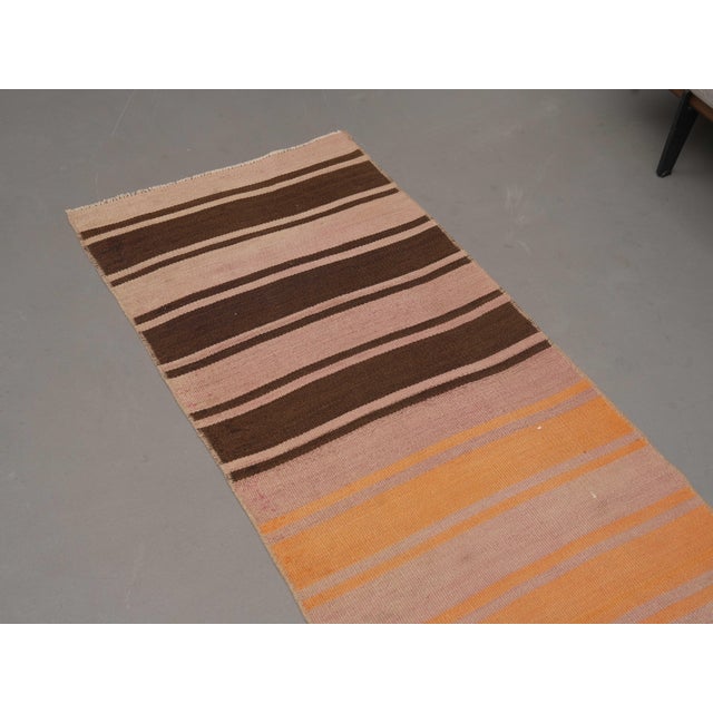 1970s Vintage Handmade Wool Cotton Brown Runner Rug For Sale - Image 4 of 11
