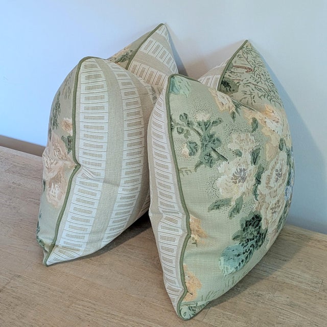 Lee Jofa Hollyhock Pillows in Celadon With Scalamandre Lark Stripe Backs For Sale In Greensboro - Image 6 of 10