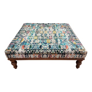 Blue White Rug Print Fabric Upholstered Coffee Table For Sale