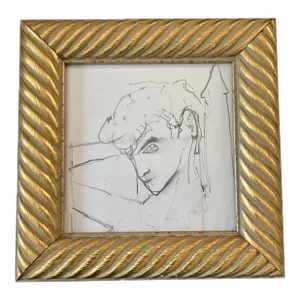 1970’s Original Abstract Male Portrait Pencil Drawing Gilt Wood Frame