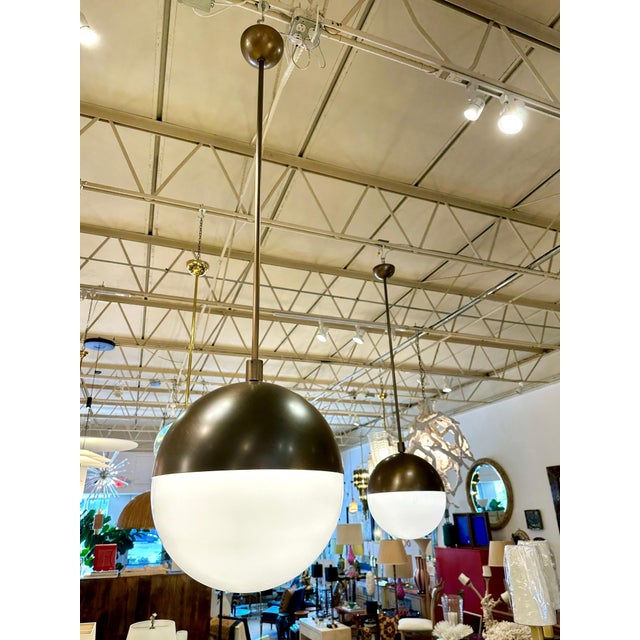 2000 - 2009 Bronze and White Murano Glass Globe Pendants (TWO available) For Sale - Image 5 of 5