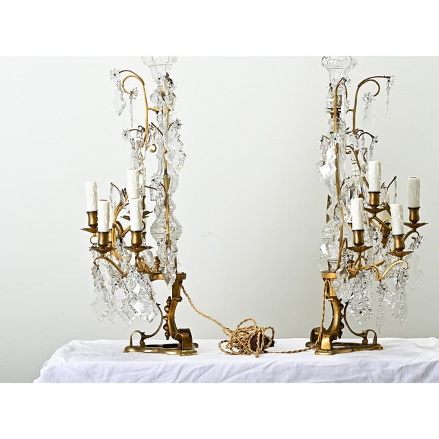 Large French 19th Century Brass & Crystal Girandole Lamps - A Pair For Sale - Image 11 of 12