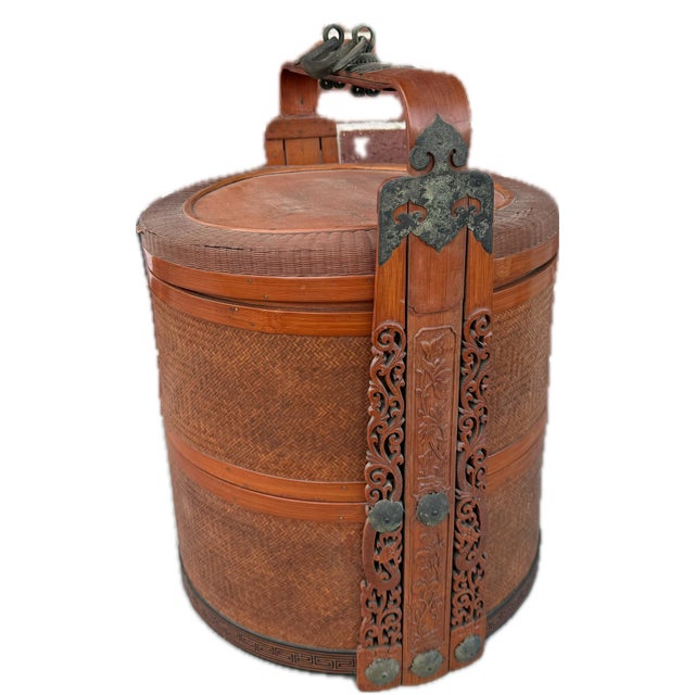 Large Antique Chinese 2 Tiered Wedding/Dowry Lacquer Rattan Box With Brass Fixtures 14" X 14" X 18"