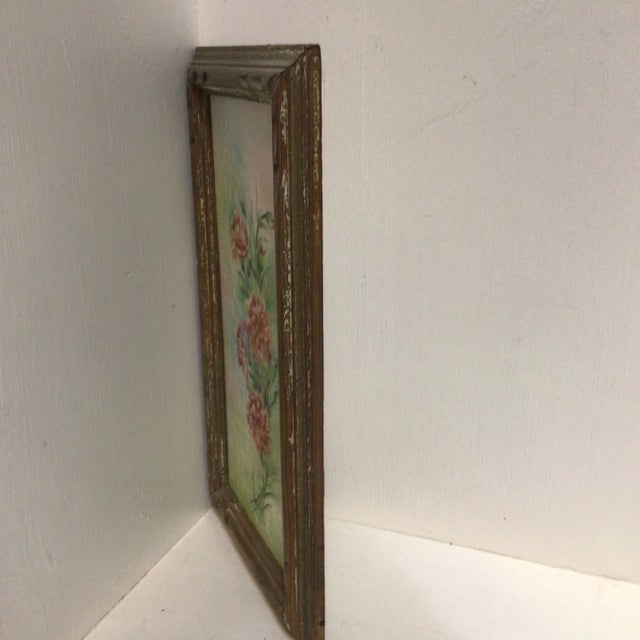 Very well painted carnations on this porcelain tile wall hanging signed by an artist possibly Japanese. Original frame...