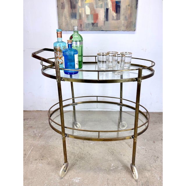 Mid 20th Century Modern / Hollywood Regency Brass Two-Tier Oval Bar Cart / Tea Cart For Sale - Image 11 of 12