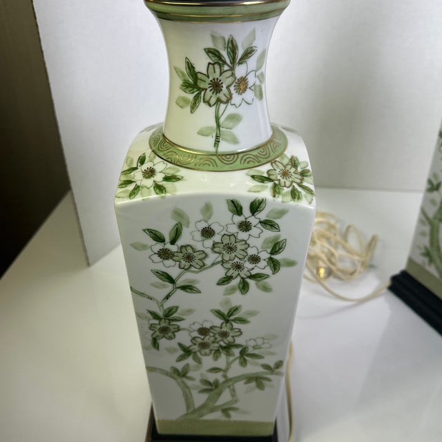 Pair of Vintage Green Apple Blossom Chinese Lamps For Sale - Image 6 of 12