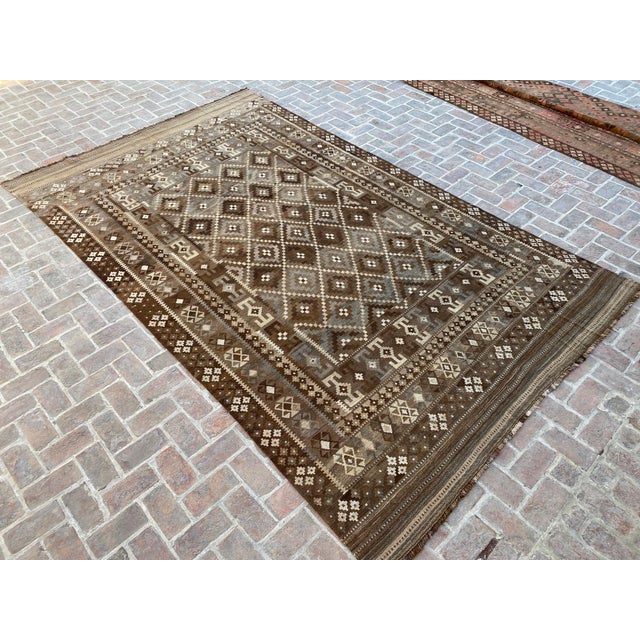 Afghan Ghalmori Maimana Kilim Rug 8x14 Ft, Handwoven Brown Gray Blue Bordered Flatweave, Large Tribal Area Rug For Sale - Image 15 of 15