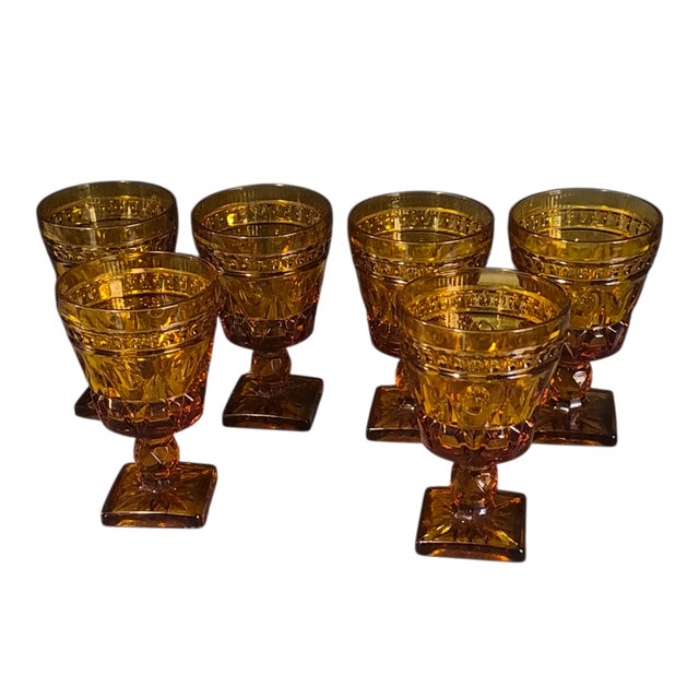 Vintage Six Ornate Indiana Amber Glass Wine Goblets Glasses For Sale - Image 6 of 6