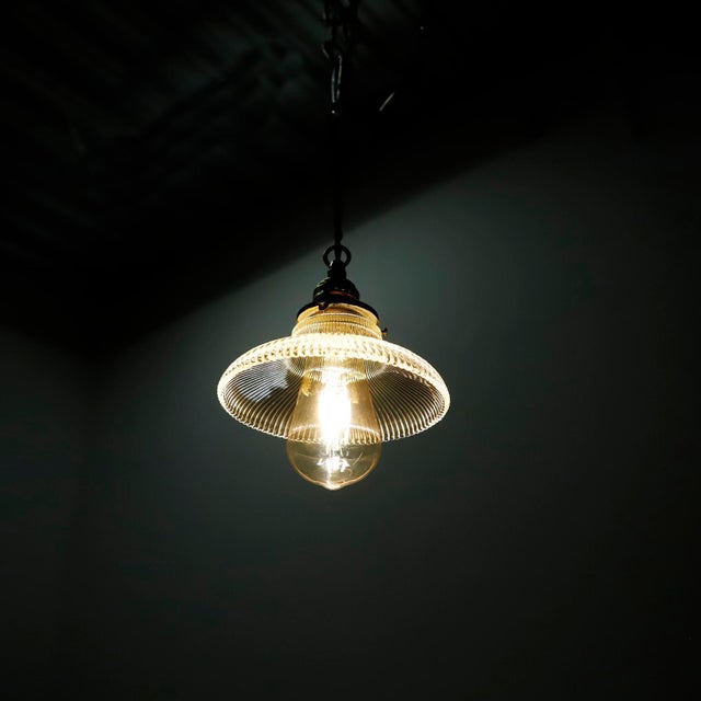 Holophane 1960s Holophane Clear Glass Vintage Industrial Pendant Light 11 For Sale - Image 4 of 5