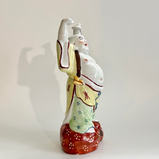 1960s Vintage Chinese Laughing Buddha Ceramic Sculpture, Hand Painted For Sale - Image 5 of 11