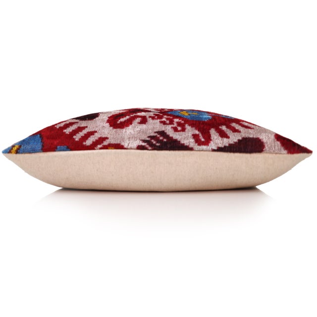 Textile Hand-Knotted Silk Velvet Ikat Lumbar Pillow - 16x24 Ruby & Azure Multi For Sale - Image 7 of 8
