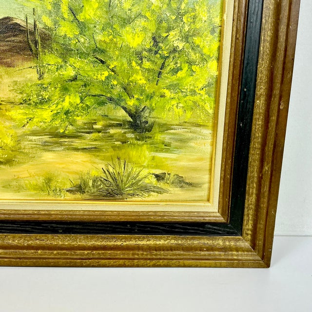 1970s Vintage Southwestern Impressionist Saguaro Landscape Folk Art Original Oil Painting, Artist Signed For Sale - Image 6 of 13