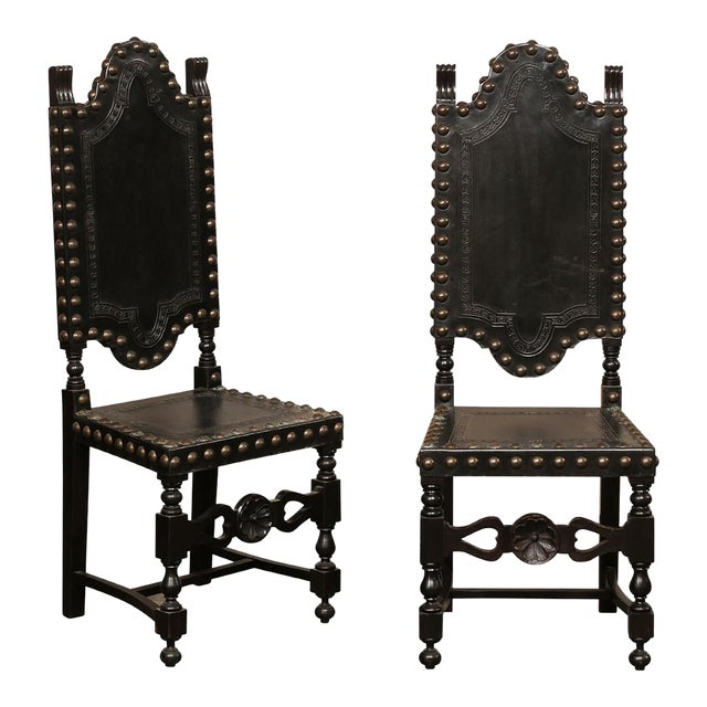 Mid 20th Century Set of 8 Spanish Leather & Carved Wood Chairs With Nailhead Trim For Sale