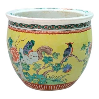 Antique Chinese Famille Jaune Planter With Blue Birds (Guangxu/Qing Period) For Sale