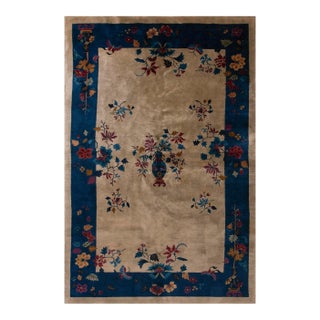 1920s Tan Sand Floral Vase Antique Chinese Art Deco Carpet 5' X 7'10" Handwoven Wool Rug For Sale